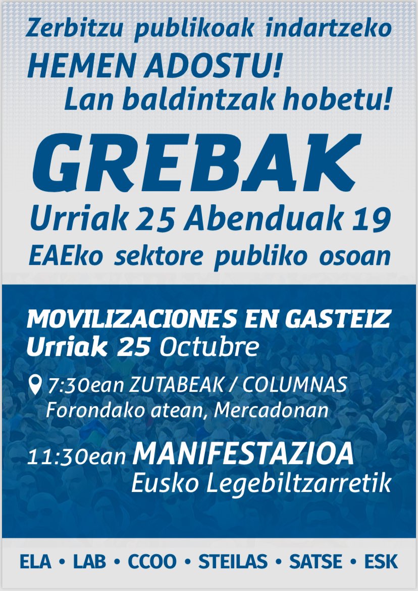 FSSCCOOEuskadi's tweet photo. 📢 Gaur, greba eguna Euskadiko sektore publiko osoan, lan baldintza eta kalitatezko zerbitzu publikoa exigitzeko. 

📢 Hoy huelga en el sector público en Euskadi exigiendo un condiciones de trabajo y servicio público de calidad.

🔴11:30 Manifa. https://t.co/CUDzlfRuLJ