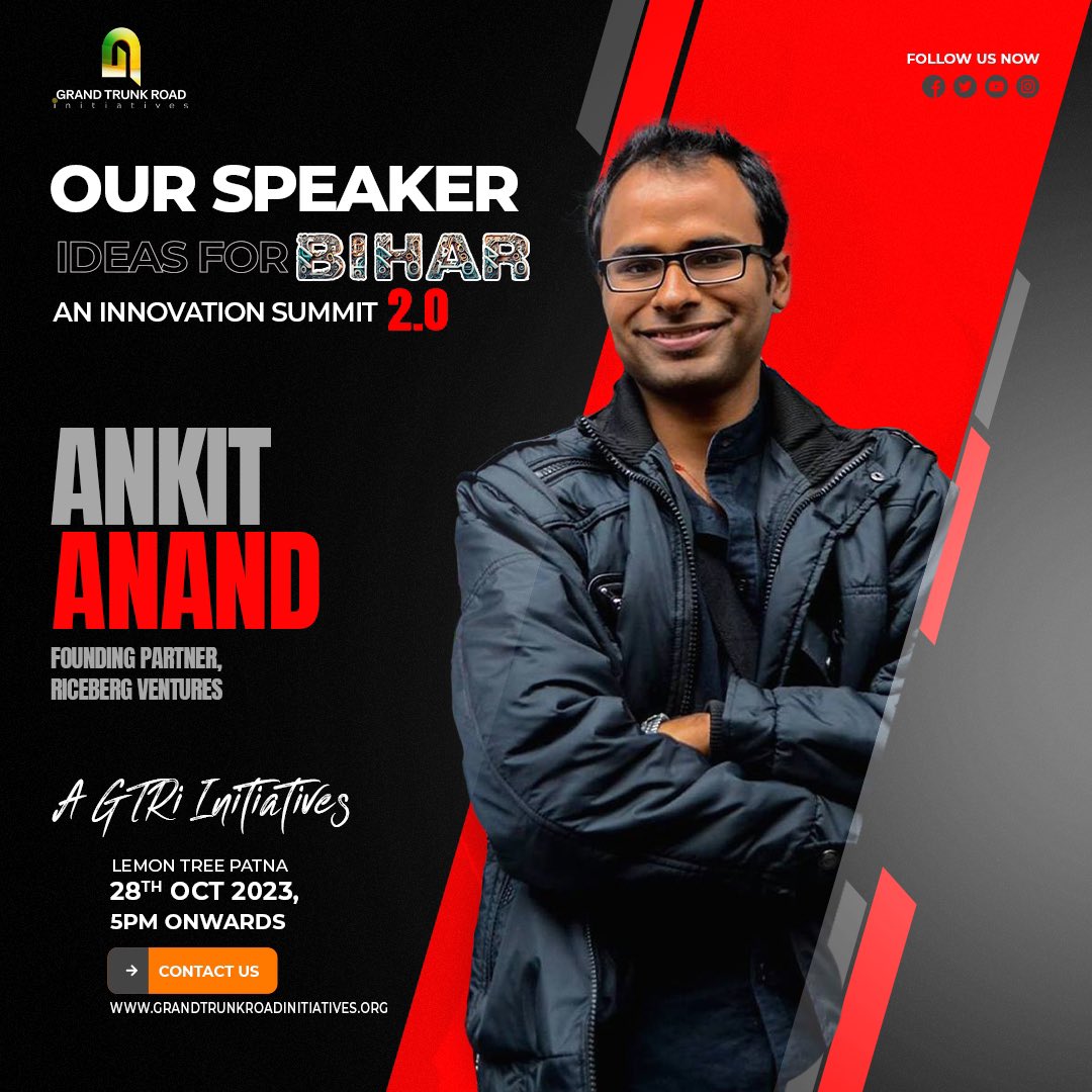 Very proud to share, 
“Ideas for Bihar - An Innovation Summit 2.0’s” 2 more Speakers
Ravi Ranjan & Ankit Anand
 
Let’s make it huge!
#ideasforbihar #Ideas4Bihar #ifb #IdeasforBiharEd02
#grandtrunkroadinitiatives #GTRiforBihar #GTRi
#Innovationsummit #techsummit