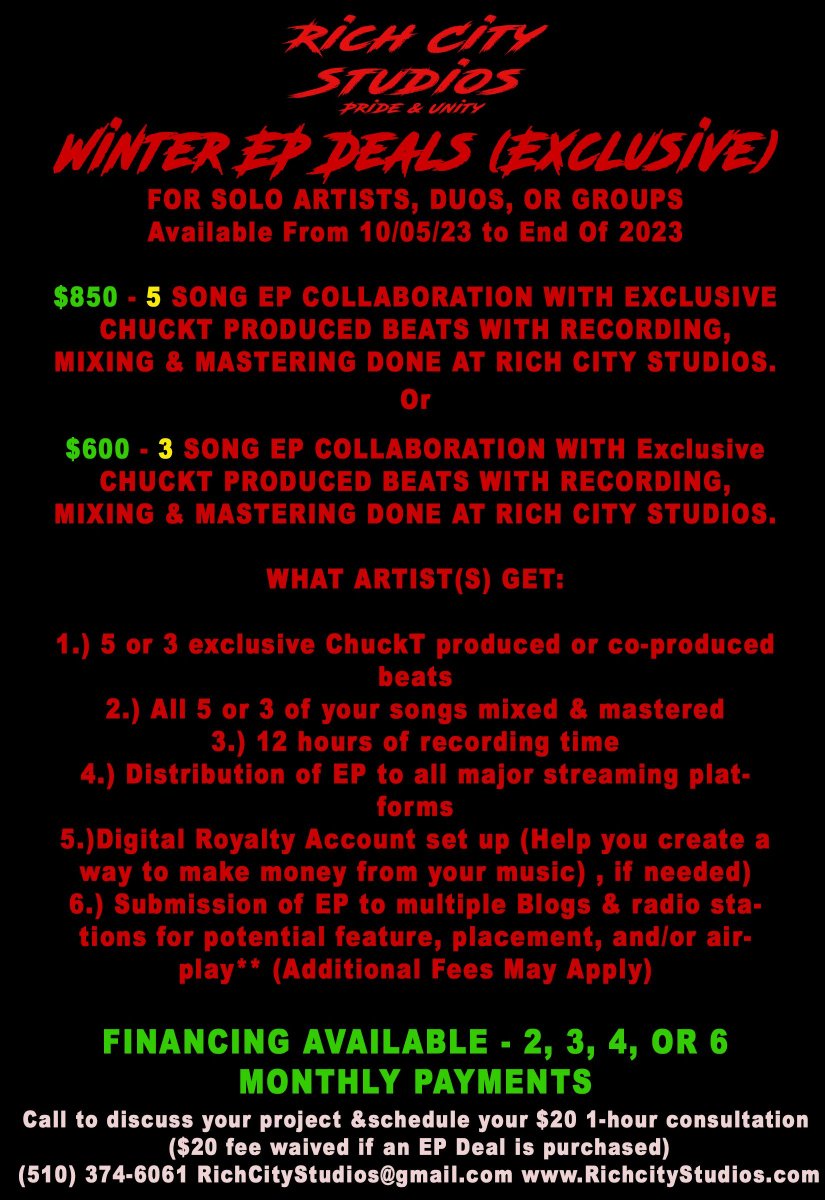 RichCityStudios's tweet photo. We’re Doing our EP deals again but this time with financing options available (2, 3, 4, or 6 month payment options). $850 for a 5 song EP or $600 for a 3 song EP instrumentals (premade or custom), studio recording time(12 hours), mixing, and mastering at @richcitystudios included https://t.co/o3Qv8JlazF
