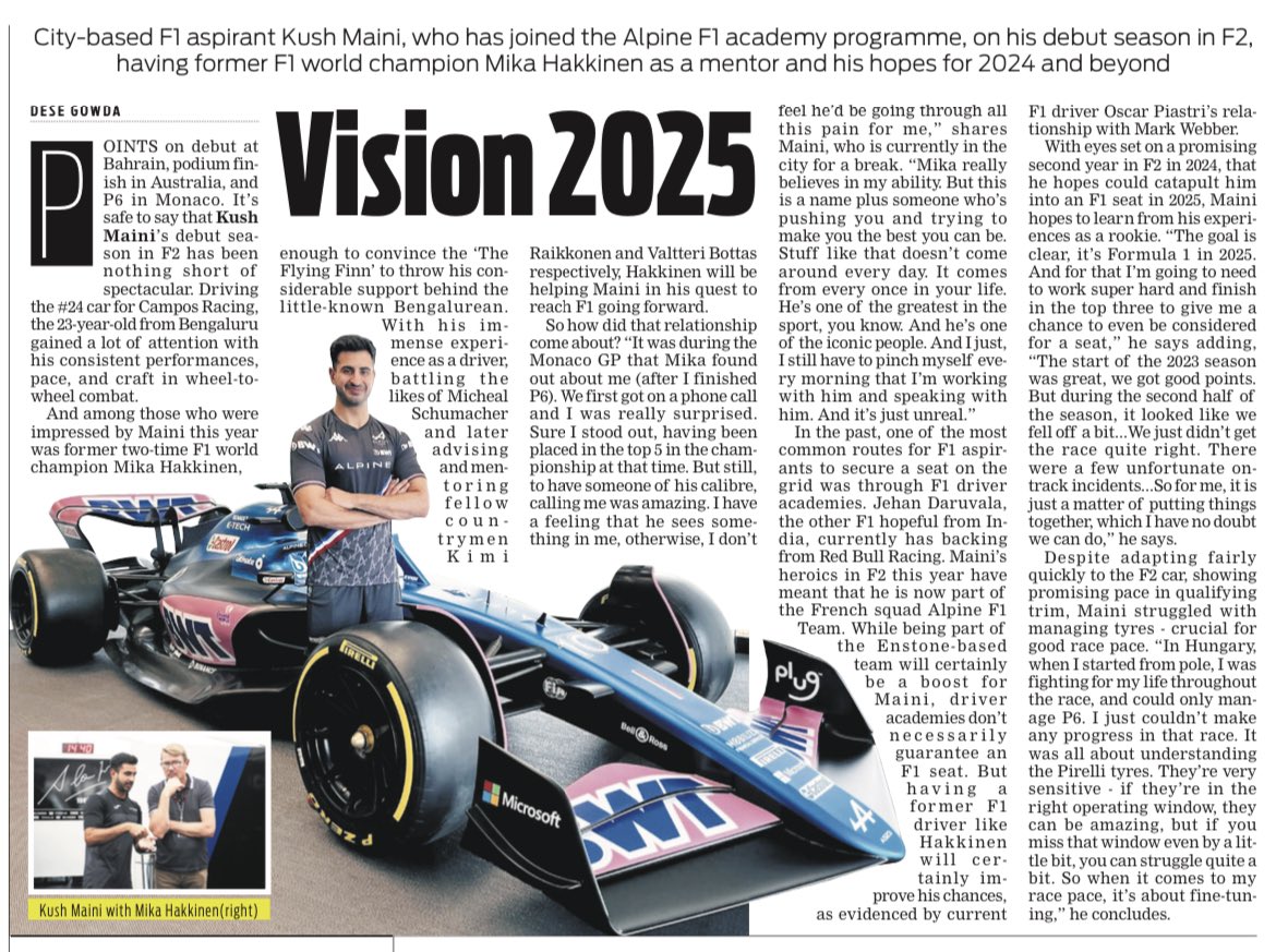 City-based F1 aspirant Kush Maini, who has joined the Alpine F1 academy programme, on his debut season in F2, having former F1 world champion Mika Hakkinen as a mentor and his hopes for 2024 and beyond ✍🏼@dese_gowda @santwana99 @Cloudnirad @tniefeatures newindianexpress.com/cities/bengalu…