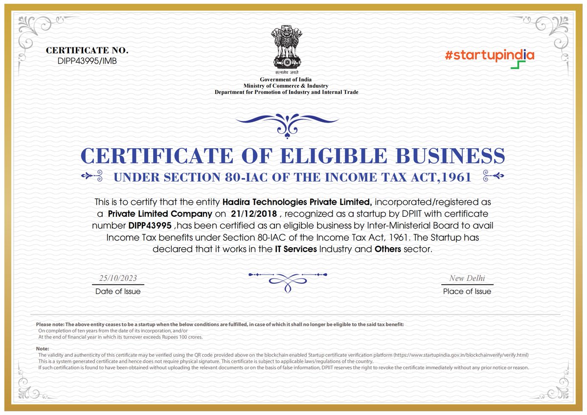 HadiraDigital's tweet image. I'm absolutely delighted to unveil a significant achievement in our journey spanning the last year. We've successfully secured the coveted "Certificate of Eligibility" under Section 80IAC for start ups #startup #80iac