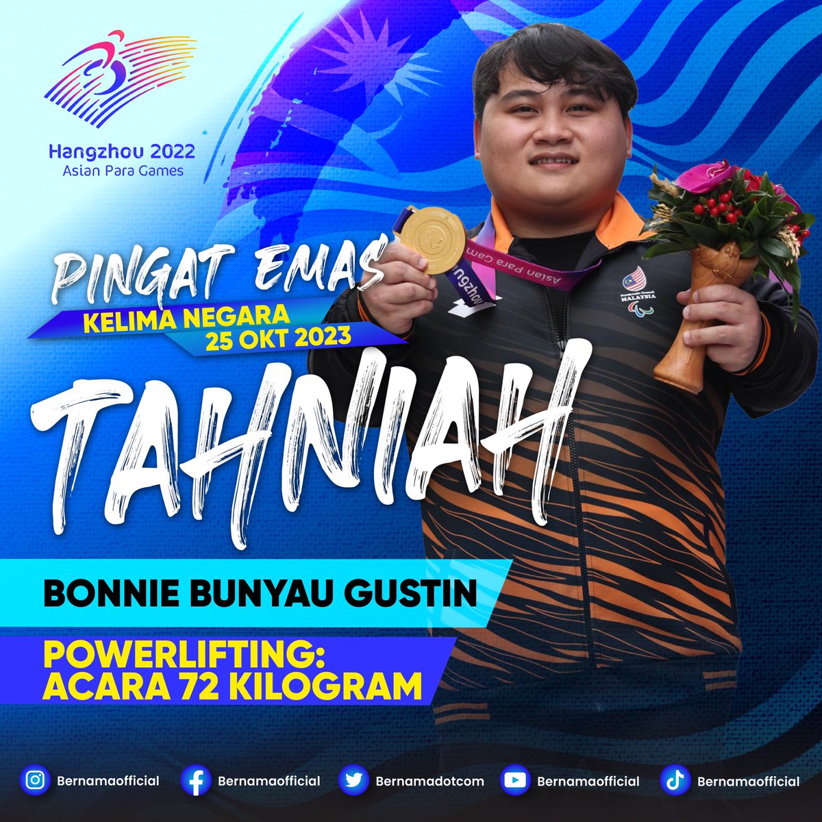 Tahniah !

Sukan Para Asia: Malaysia raih emas kelima 🥇menerusi atlet powerlifting Bonnie Bunyau Gustin dalam acara 72 kilogram

#InfografikBernama 
#APGHangzhou
#Hangzhou2022
#SukanParaAsia