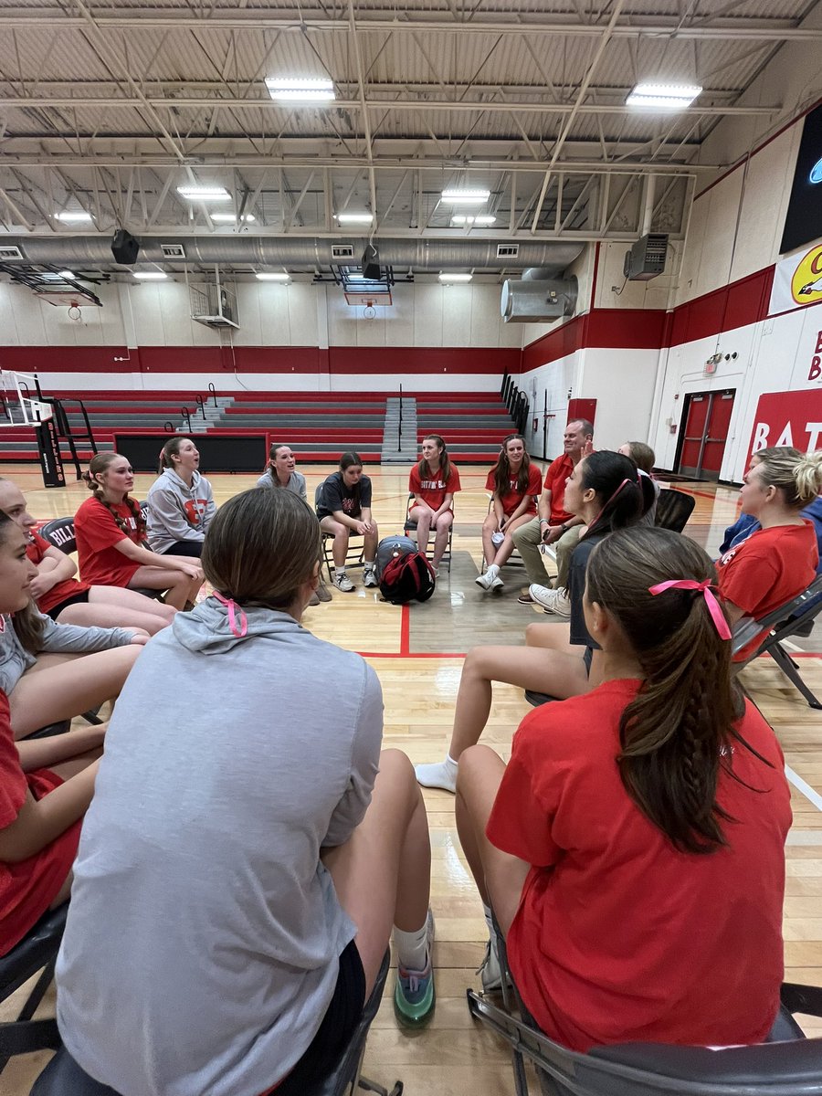Last team huddle for the ‘23 Battlin’ Billie Volleyball team. 
Pulled the chairs out and had a moment. Special group of kids go out as winners on that court for the last time. Beat Boerne!