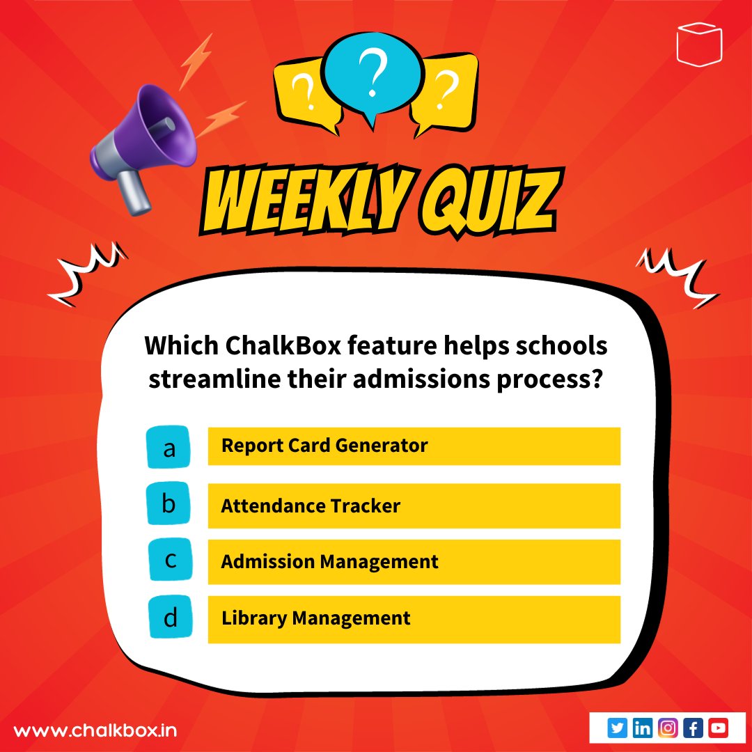 chalkboxapp's tweet photo. ChalkBox Weekly Quiz Time!
Today's Question: Which ChalkBox feature helps schools streamline their admissions process?
Leave your answer in the comments below! Stay tuned for the correct answer and more exciting quizzes every week. Let the learning begin!
#weeklyquiz
#chalkboxapp https://t.co/fVVPZZHqCk