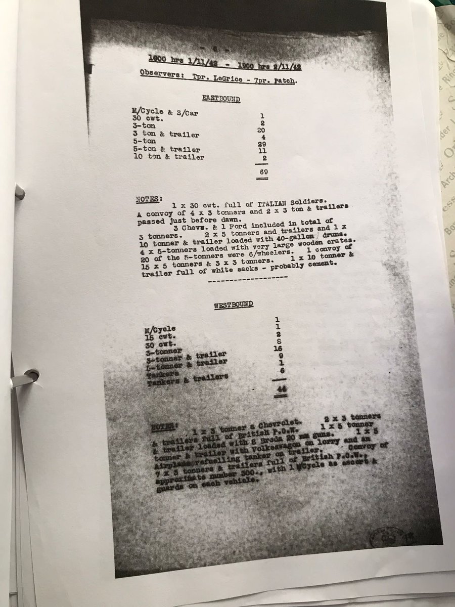 2/4
'Then each night 2 men would go up to the road to a hide. We would sit there for 24 hours & make a note of everything that went past.'
Pictured is Jim's tally of what he & Trooper LeGrice saw during their 24-hour roadwatch.
There was the odd narrow squeak...