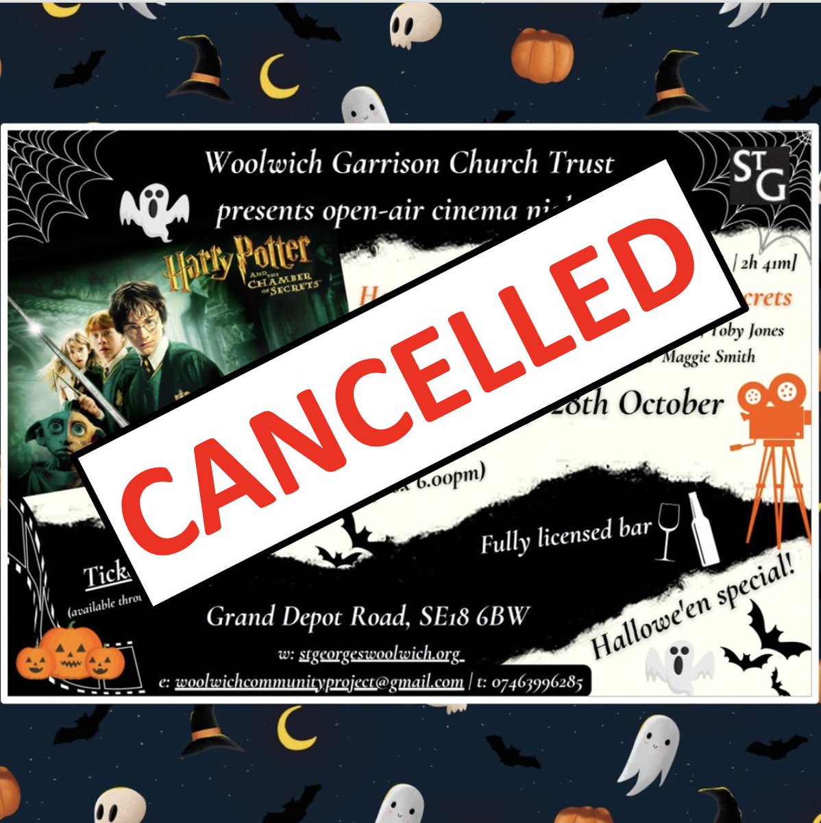 Alas the Harry Potter screening from Woolwich Garrison Church Trust this weekend has been cancelled.