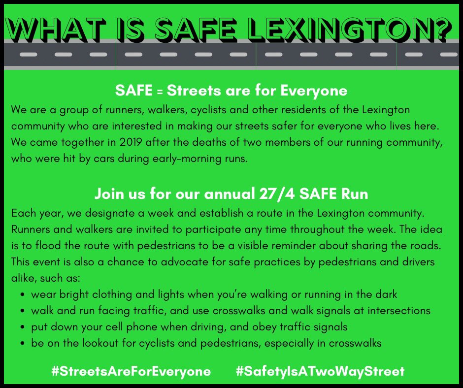 4th Annual Event is Nov 6-12 

Sign up to run: timetosignup.com/safelexington/…