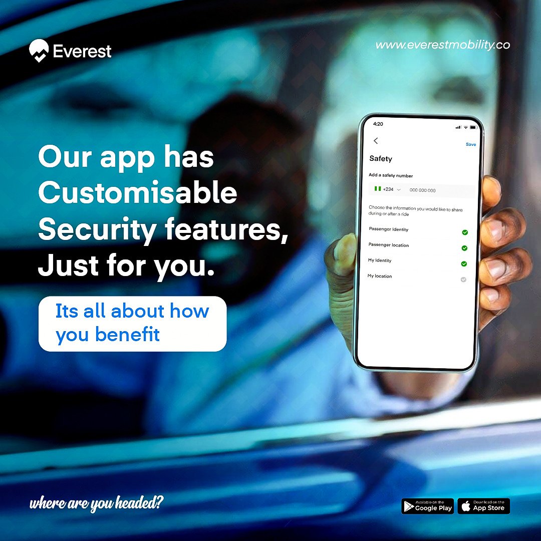 useeverestapp's tweet photo. We’ve included security features in our app to make you feel safe and less troubled
#ride #ridesharing #ridehailing #useeverestapp #mobilitysolutions #naijamovement #bookcab #nigerianroads #commute https://t.co/0c4s4WN9Eq