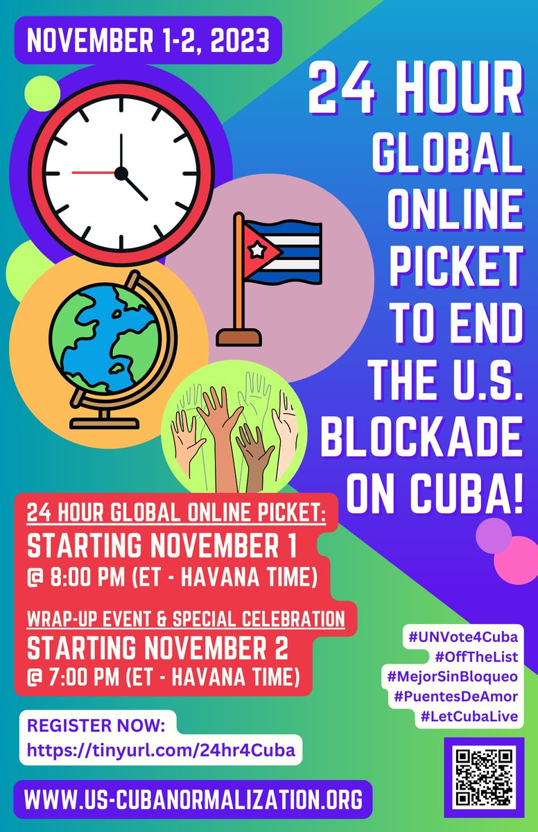 NO TE LO PIERDAS
🗓️ 1 y 2 de noviembre
📣PICKET GLOBAL EN LÍNEA LAS 24 HORAS VS EL #BLOQUEO🇺🇲 A #CUBA🇨🇺
us-cubanormalization.org/unvote-global-…
#MejorSinBloqueo #JuntosXCuba #CubaNosUne #UNVote4Cuba
#OffTheList #LetCubaLive