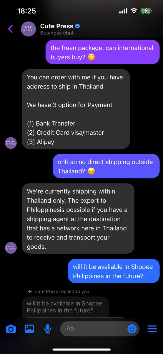 nayo_spends's tweet photo. I messaged cutepress on FB regarding the freen scents
1) no shipping outside Thailand; international fans can order but must have TH address
2) not yet sure if the products will be available in their shapi ph account

FREEN FAV FRAGRANCE
#Cutepressหอมฟินกับฟรีน
#CutepressxFreen https://t.co/sSUWMPFIXR