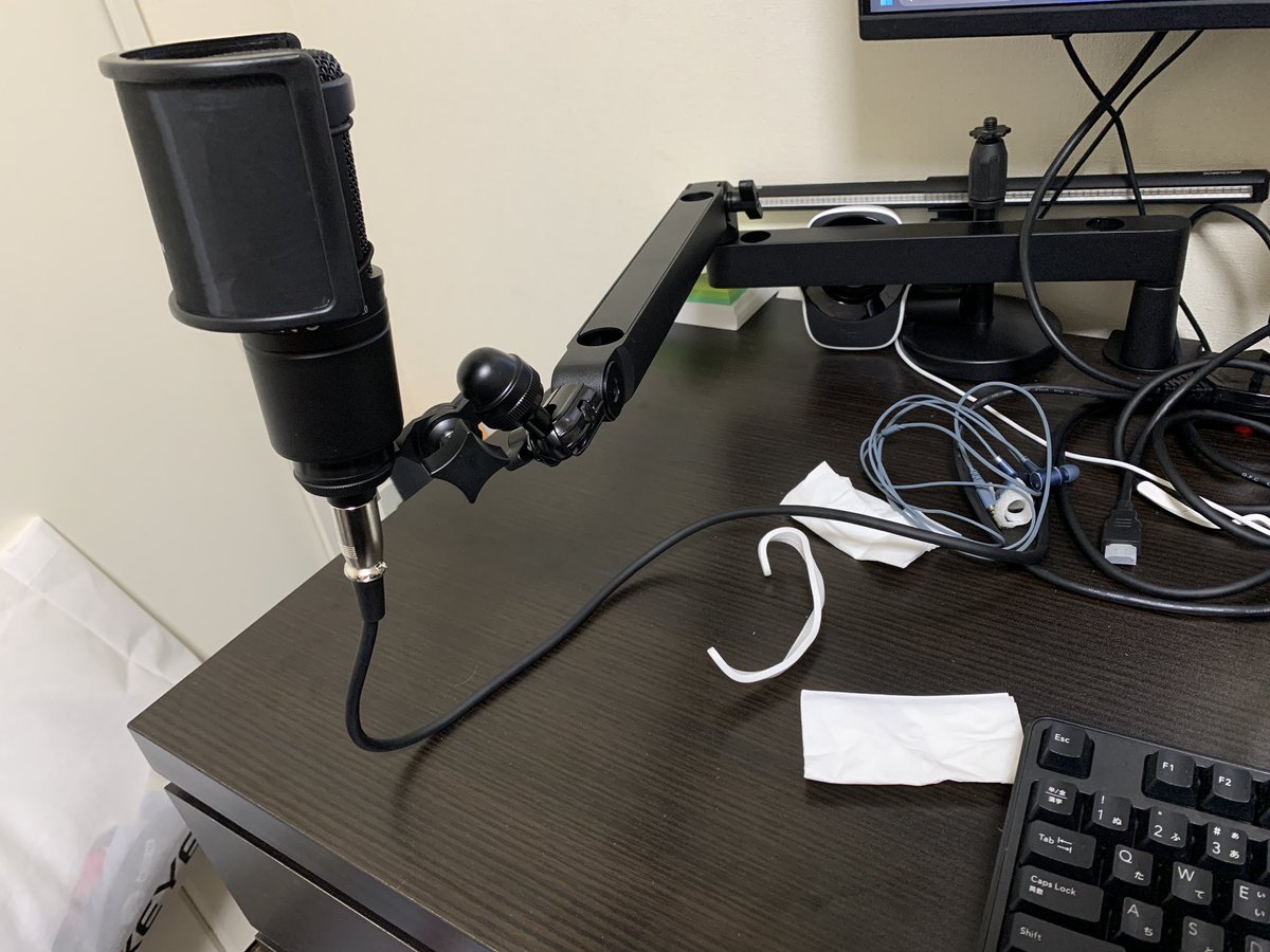 皆様お疲れ様です。
マイクアーム設置して大満足なカーリーです。

マイクスタンドはあるに越したことはないですが、当面はこれで声を入れていく予定です。

アームを設置するために、机の上を整理できたのも個人的には良かったです。

まあ、どうせまた散らかるんですけどね😂