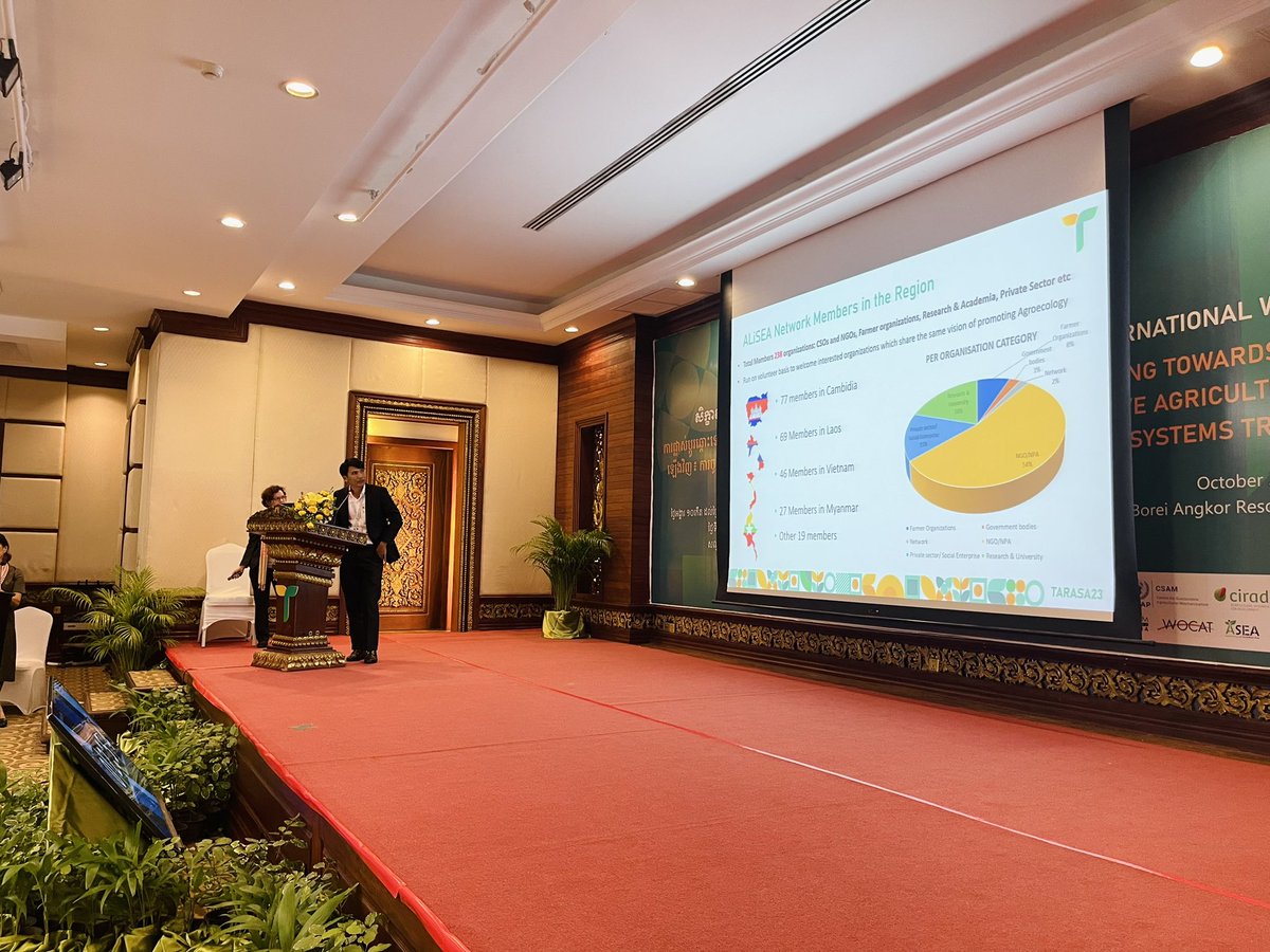 ASSETProjectSEA's tweet photo. Dr. Estelle Bienabe, ASSET Scientific Coordinator, and Mr. Sovann Pat, Agroecology Learning Alliance (#ALiSEA) Cambodia Coordinator, shared experiences from their works with almost 200 participants of #TARASA23 🌿 https://t.co/LQgolWFU0K