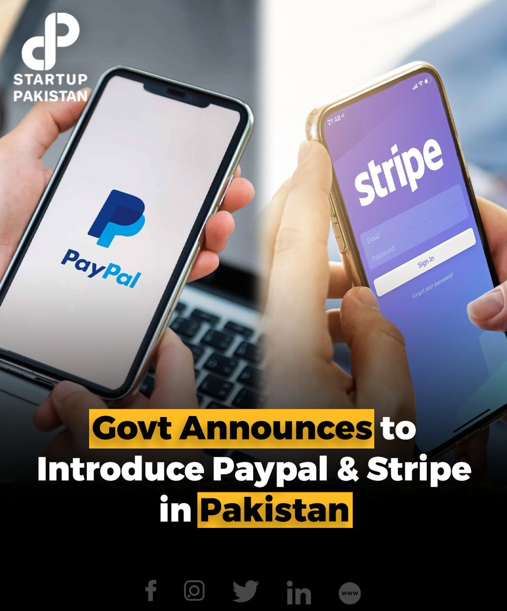 PakStartup's tweet photo. The Ministry of Information Technology and Telecommunication (MoITT) is actively engaged in formulating a financial system and policy structure to introduce PayPal and Stripe payment gateways in Pakistan. https://t.co/KoxwpftHX4