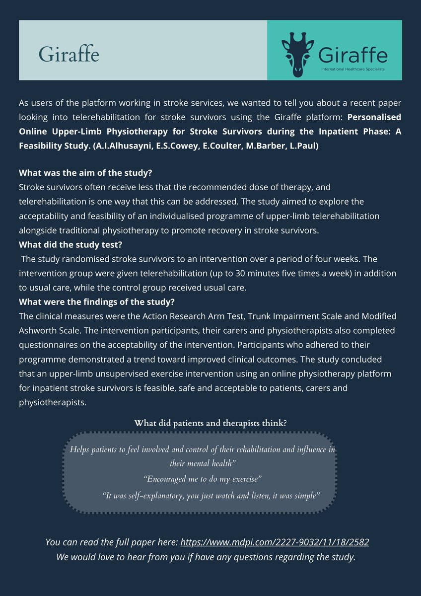 🔥Hot off the press 📢 Newly published feasibility trial exploring the Giraffe platform to support increased rehab time in #Stroke. Trends towards improvements in clinical outcomes and high satisfaction experienced in patients, carers and therapists! mdpi.com/2227-9032/11/1…