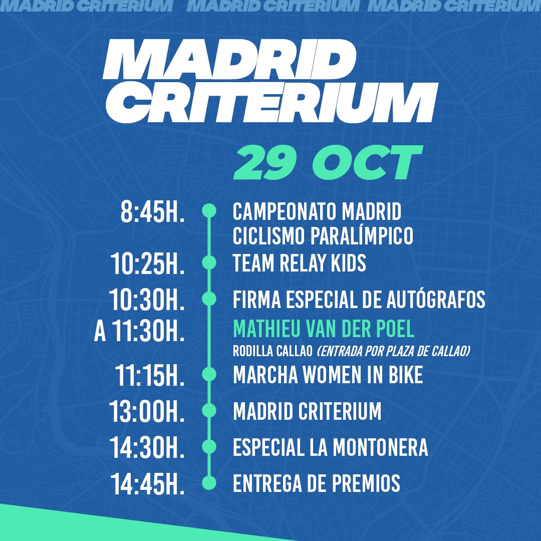 MadridCriterium's tweet photo. ⚠️𝗛𝗢𝗥𝗔𝗥𝗜𝗢𝗦 domingo 𝟮𝟵 𝗱𝗲 𝗼𝗰𝘁𝘂𝗯𝗿𝗲:
🔺8:45h Campeonato de Madrid de Ciclismo Paralímpico
🔺10:25h Team Relay Kids
🔺10:30h FIRMA DE AUTÓGRAFOS 𝗠𝗩𝗗𝗣
🔺11:15h Marcha Women in Bike
🔺13:00h Madrid Criterium
🔺14:30h La Montonera de Eurosport en directo https://t.co/LOG1g2o8ax