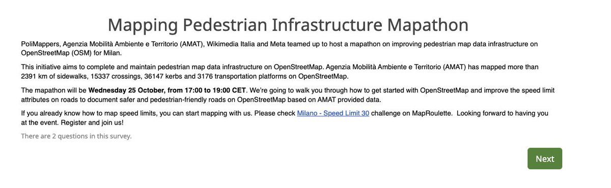 Join me, <a href="/LorenzoStucchi/">Lorenzo Stucchi</a>  and <a href="/fede_gaspari/">Federica Gaspari</a>  today at Mapping Pedestrian Infrastructure Mapathon.

Quick registration with only 2 questions: survey.wikimedia.it/index.php/4675…
