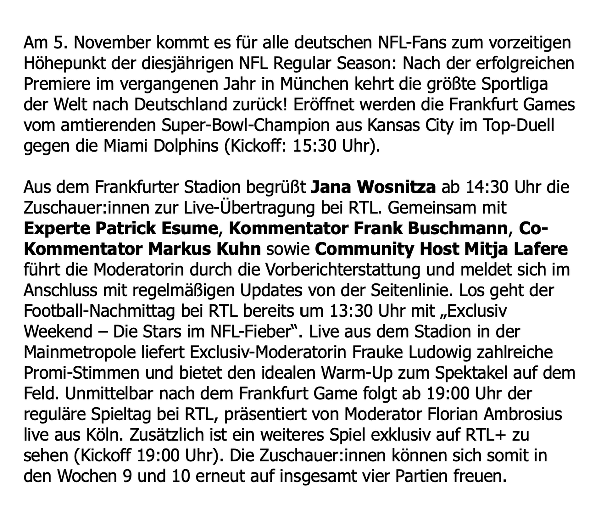 RNBWCV's tweet photo. 🇩🇪🏈📺 Offiziell: Moderatorin Jana Wosnitza, Kommentator Frank Buschmann, Co-Kommentator Markus Kuhn, Experte Patrick Esume sowie Community Host / Sideline Reporter Mitja Lafere sind am 5. November beim Spiel Miami Dolphins at Kansas City Chiefs für RTL in Frankfurt im Einsatz. https://t.co/DxbhP68dGw
