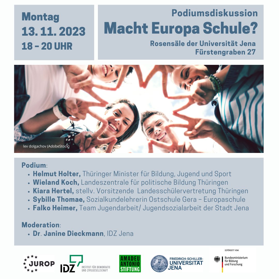 Inwieweit ist die Auseinandersetzung mit #Europa eine Querschnittsaufgabe schulischer #Bildung? Gibt es Grenzen? Wo liegen Potentiale? Podium mit @HelmutHolter | Wieland Koch <a href="/LpBThueringen/">LpBTh</a> | Kiara Hertel | Sybille Thomae | Falko Heimer <a href="/jenalichtstadt/">jenalichtstadt</a> 
➡️idz-jena.de/vadet/macht-sc…