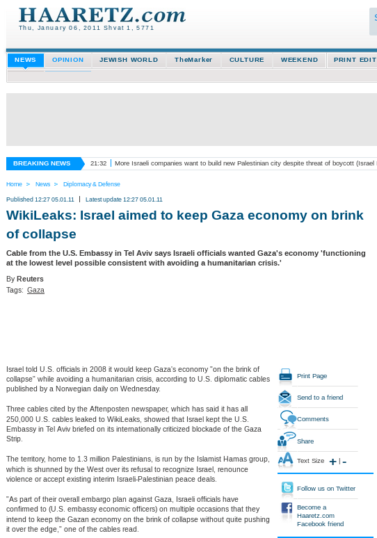 wikileaks's tweet photo. 'WikiLeaks cable from US Embassy in Tel Aviv says Israeli officials told US in 2008 they wanted Gaza's economy 'functioning at the lowest level possible consistent with avoiding a humanitarian crisis' | Haaretz @haaretzcom #Gaza
Link: https://t.co/rz0zUWRFkZ https://t.co/ujB7NV2a7r
