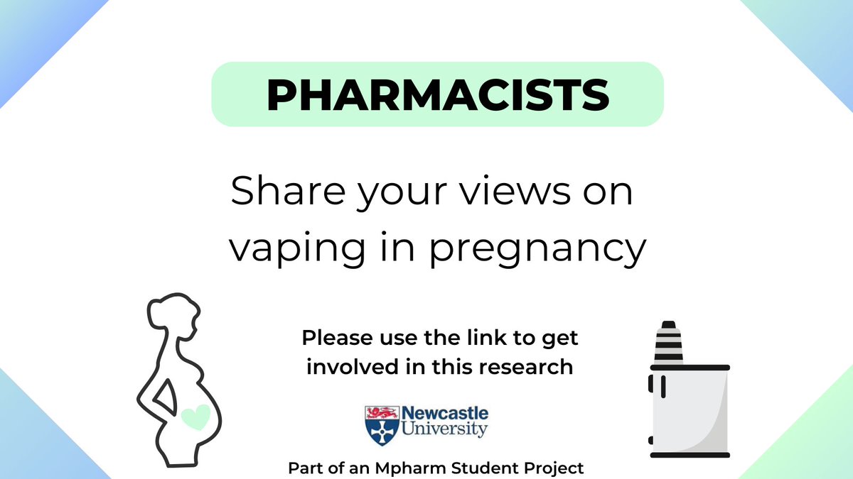 Pharmacists, we need your help!
Please use the link to share your views and experiences on e-cigarettes for smoking cessation in pregnancy.
newcastle.onlinesurveys.ac.uk/eligibility-qu…

#pharmacy #researchproject #maternity #stoptober 
 <a href="/NCL_Pharmacy/">Newcastle Pharmacy</a> <a href="/cumbria_lpc/">Community Pharmacy Cumbria</a> <a href="/CP_Arden/">Community Pharmacy Arden</a>