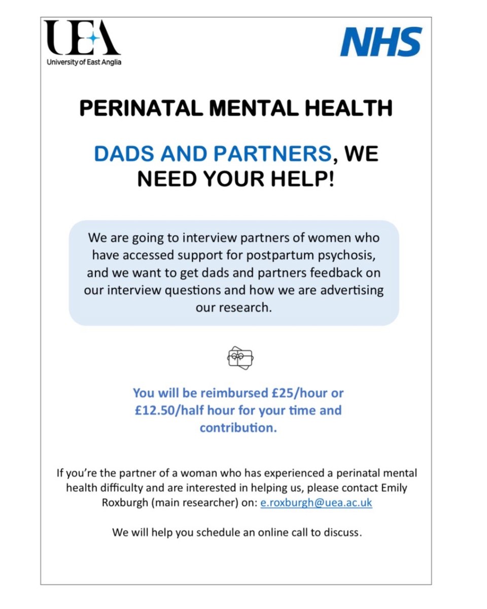 Can you help @uniofeastanglia If you're the partner of a woman who has experienced a perinatal mental health difficulty and are interested in helping us, please contact Emily Roxburgh (main researcher) on: e.roxburgh@uea.ac.uk