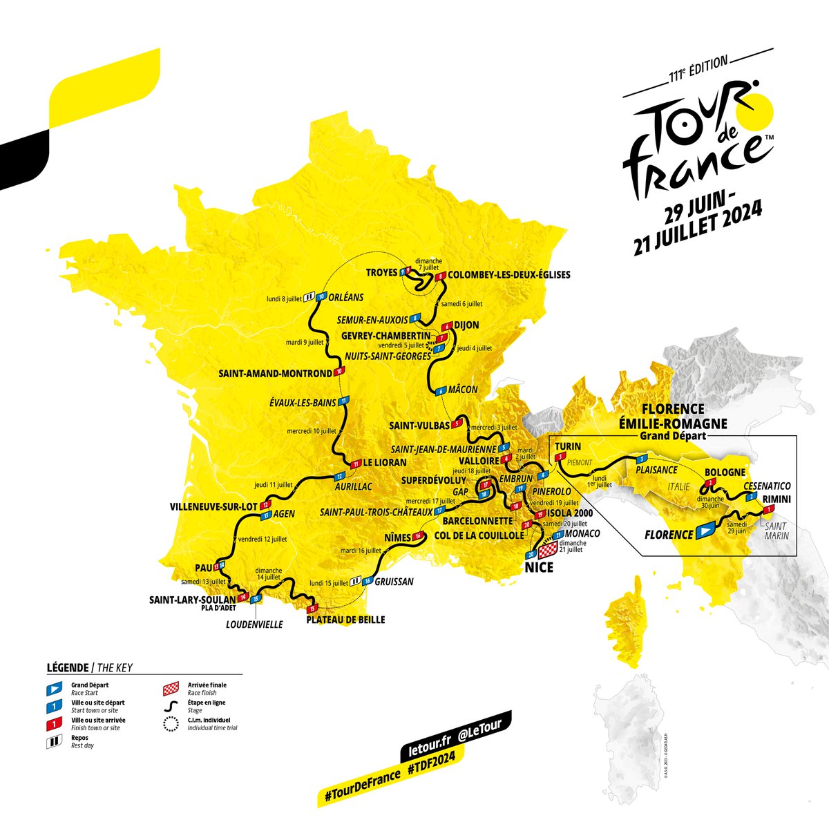 🤩 Here it is, the official route of the #TDF2024! 🤩 Voici le parcours officiel du #TDF2024 !