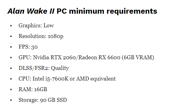 Alan Wake 2 PC requirements, Minimum & recommended specs