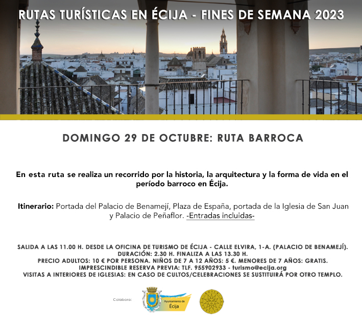 ¿Te vienes de ruta este fin de semana? 
Sábado 28 de octubre: Ruta Monumental.
Domingo 29 de octubre: Ruta Barroca.
Más información: Oficina Municipal de Turismo de Écija. Tlf. 955902933.
#Écija #turismoecija #turismosostenible #Octubre2023