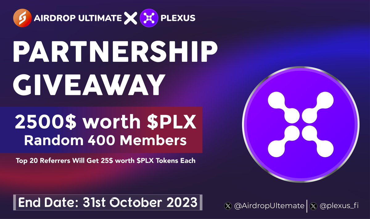 🥳 PLEXUS X Airdrop Ultimate #Giveaway 

🏆 Prize Pool «» 2,500$ in $PLX

✅ Follow <a href="/AirdropUltemate/">Airdrop Ultimate</a> &amp;
<a href="/plexus_fi/">PLEXUS | We’re Hiring!</a> 
✅ Like, RT &amp; Tag 3 Friends
✅ Complete #Gleam⤵️
gleam.io/bKM8I/plexus-x…

⏳ Ends 31st October

#PLEXUS #Airdrop #Giveaway #Crypto #PLX #BSC #IDO