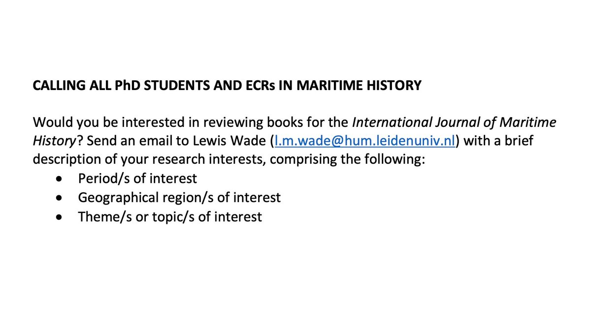 ❗️Are you a PhD student/ECR in maritime history (broadly defined) who would like to review books for the International Journal of Maritime History? Drop me an email! It has been a real pleasure to bring new voices and perspectives to the journal, and more are always welcome 🖊️