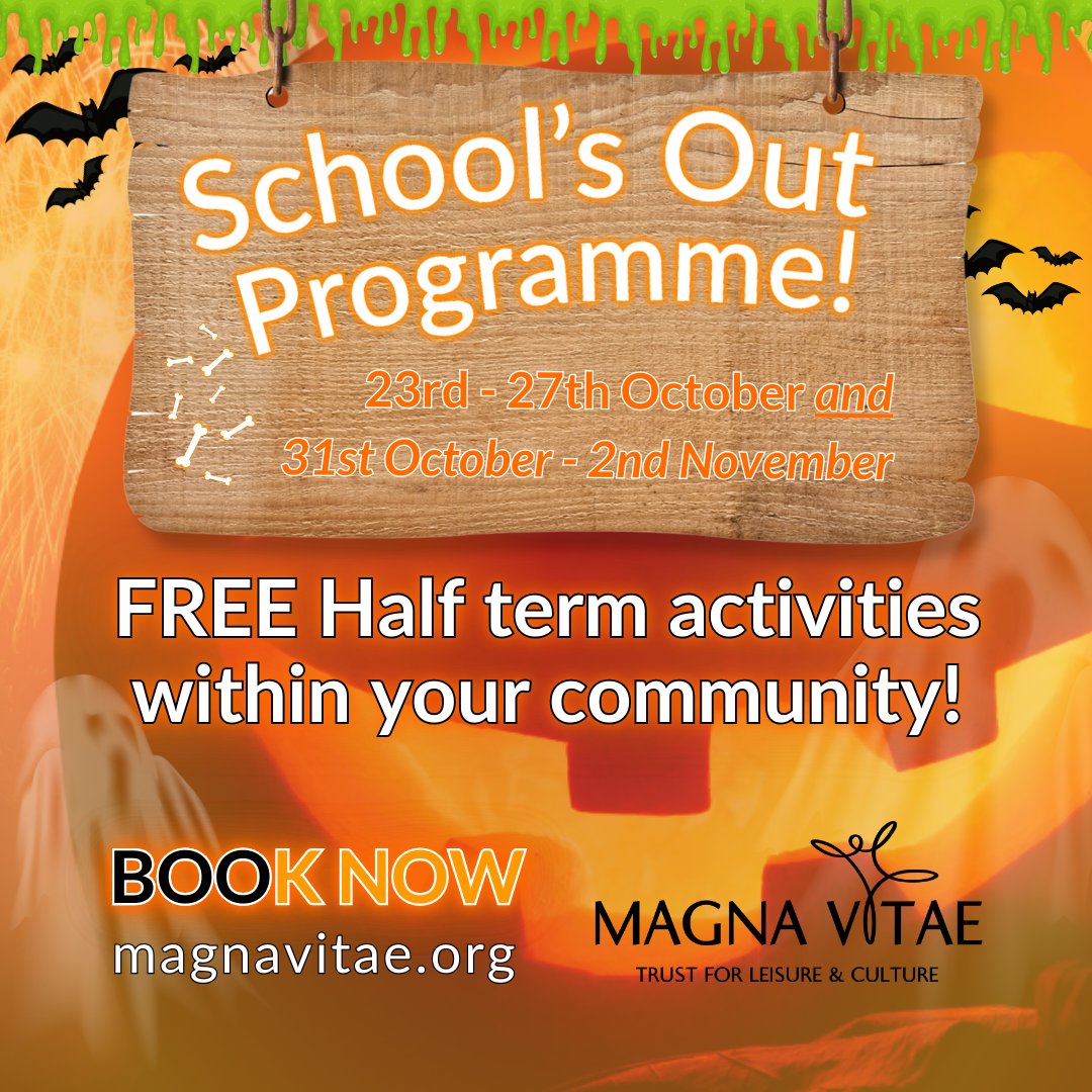 🦇OooOoOctober Half Term!🦇

🎃Our School's Out Programme: FULL of FUN, FREE Activities! ⚽️🏏🏀

👻NORTH SOMERCOTES | SPILSBY | WAINFLEET👻

BOOK NOW: magnavitae.org/activity/child…

#October #HalfTerm #Free #Fun #Activities #Sports #ThingsToDo #Lincolnshire #BookNow #EastLindsey #ELDC