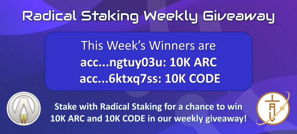 RadicalStaking's tweet photo. This week's giveaway winners are:

🏆 acc...ngtuy03u: 10K ARC
🏆 acc...6ktxq7ss: 10K CODE

Congratulations and thank you for supporting @arcanelabyrinth, @ProjElysium and @RadicalStaking!

Missed this week's giveaway? Find out how to enter at https://t.co/LtMbadcH7Y

#Radix $XRD https://t.co/8P97yST0OS