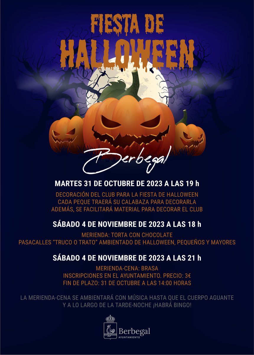 villadeberbegal's tweet photo. 🎃 En #Berbegal, ¡celebramos la FIESTA DE #HALLOWEEN!

👻 Martes 31/10: decoración del Club

🦇 Sábado 4/11: merienda, pasacalles «Truco o trato» y merienda-cena con música y bingo. Inscripciones en el Ayuntamiento antes del 31/10 a las 14 h: 3 €

➡️ https://t.co/wYRVGXPlMP https://t.co/dcsfyzAwNw