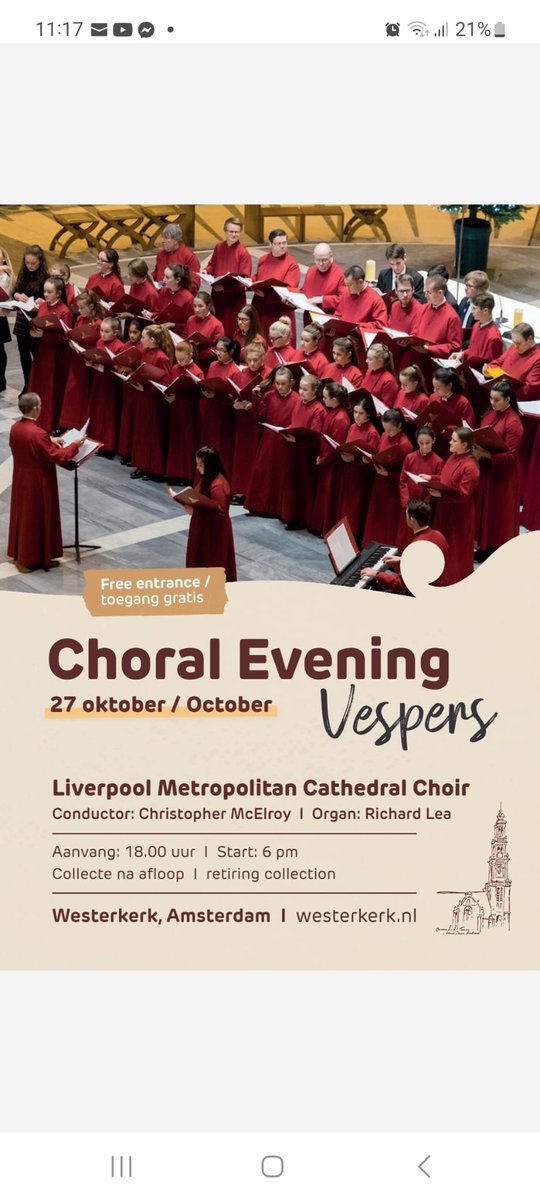 Ontdek de ultieme schoonheid van de Choral Evening Vesper door het Liverpool Metropolitan Cathedral Choir olv Christopher McElroy. 

Vrijdag 27 oktober 18.00 uur. 

Toegang gratis; donatie welkom:
westerkerk.nl 

<a href="/chrisjmcelroy/">Christopher McElroy</a> @amsterdsmexplor @amsterdamkunst