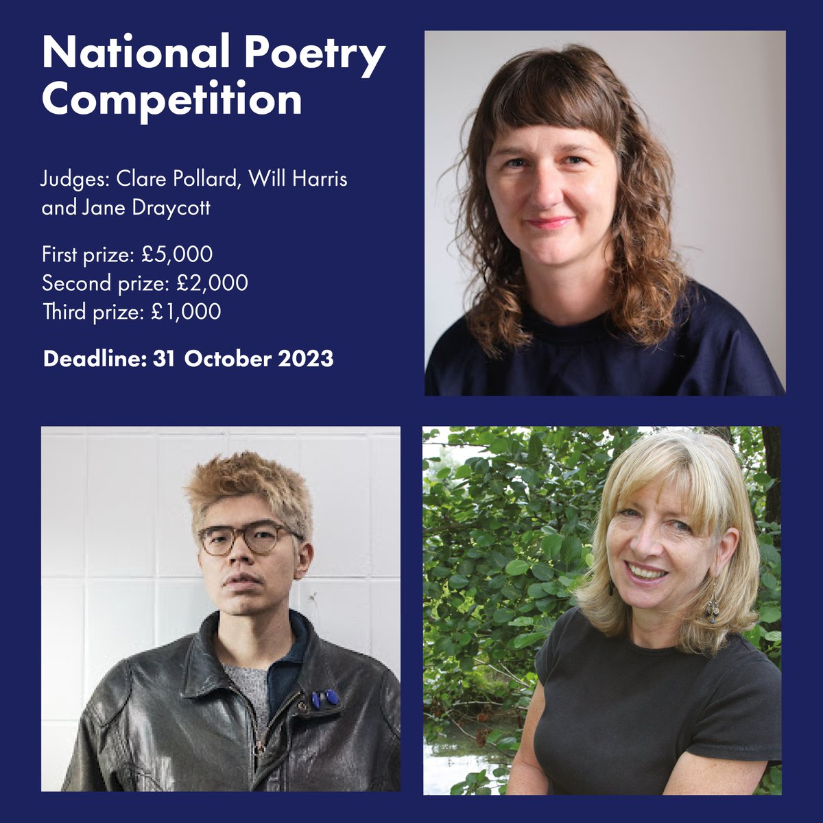 Enter the #NationalPoetryCompetition 2023

Deadline: 31st October. First Prize: £5,000.
Judges: Will Harris, Clare Pollard and Jane Draycott.

Enter here: npc.poetrysociety.org.uk