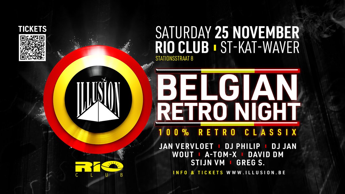 Next Illusion event: Belgian Retro Night at Rio Club (St.-Katelijne-Waver)
Tickets via …ian-retro-night-rio.eventsquare.store/guhvj4isydhk
