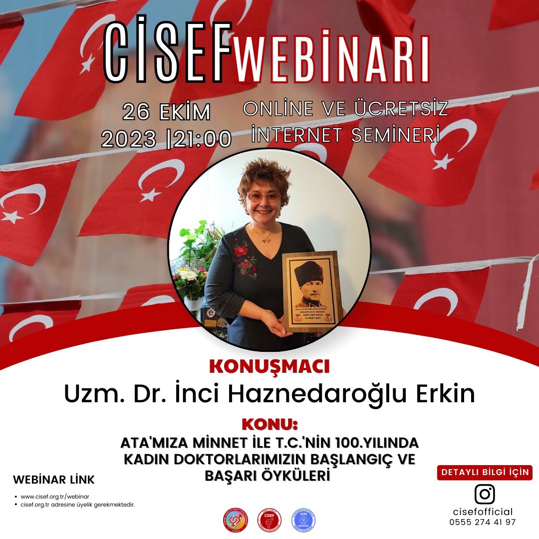 EFTTURKEY's tweet photo. Dostlar, 26EkimPerşembe saat21 de yapacağım CİSEF Webinar sunumuna katılmanızı ve sizlerin de kendi sosyal medyanızda duyuru yapmanızı rica ediyorum. https://t.co/di8ROAzHOR TC💯.yıl kutlamalarına kendimce katkım🇹🇷 🙏🏻 #atatürk #türkiye #cumhuriyet100yaşında #cisef #doktor #kadın https://t.co/EyE3wvxMux