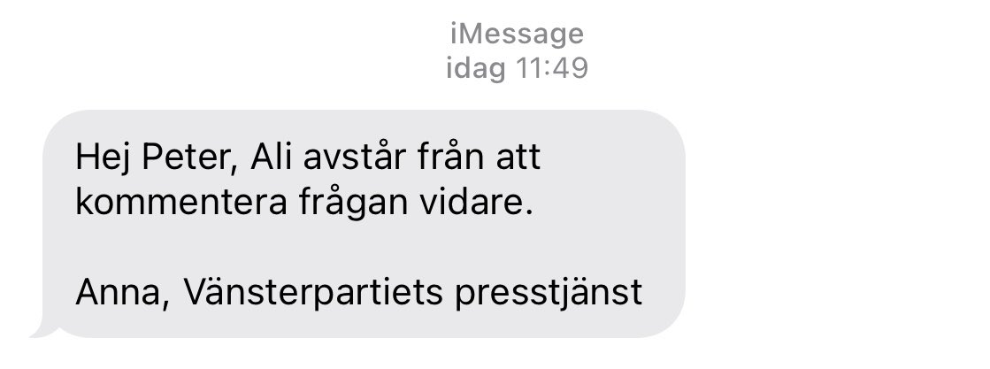 peterwennblad's tweet photo. Onsdag: Ärendet avslutat. Ali Esbati vill inte svara på om han fortfarande anser det han ansåg förra veckan om sjukhusexplosionen i Gaza. https://t.co/M3TSJH5AKY
