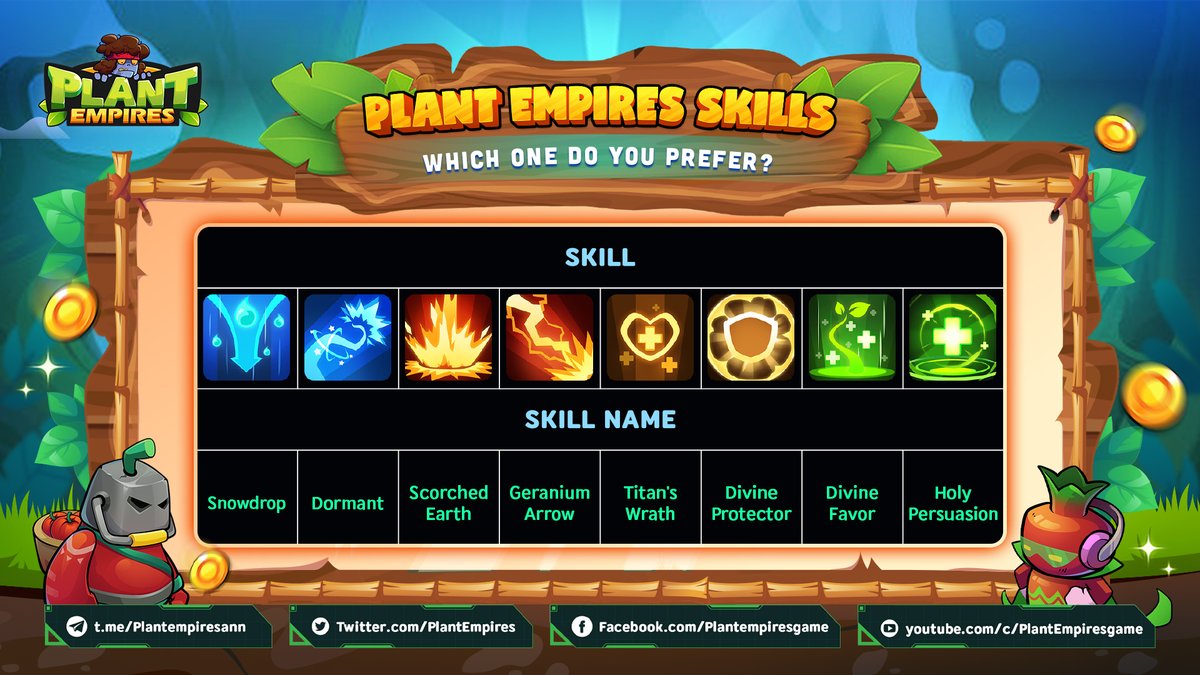 🌟🔥 MASTER SKILLS - WIN BATTLES 🧙‍♂️🔥

8 skills in Plant Empires - Snowdrop, Dormant, Scorched Earth, Geranium Arrow, Titan's Wrath, Divine Protector, Divine Favor, Holy Persuasion. Costs vary.

🌿 Learn to conquer! Details: plantempires.io/new-updates-on…

🔥 #PlantEmpires