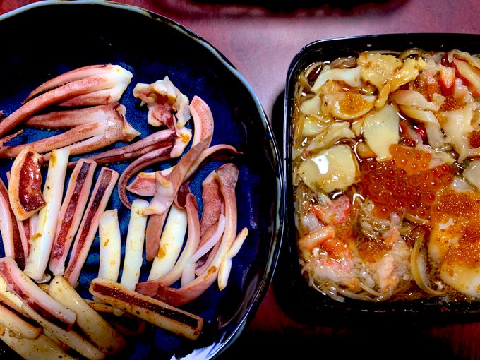 北海道で買ったイカ一夜干しと松前漬け美味すぎ 