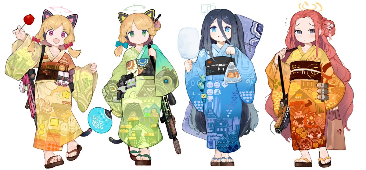 aris (blue archive) ,midori (blue archive) ,momoi (blue archive) kimono halo 4girls multiple girls japanese clothes weapon obi  illustration images