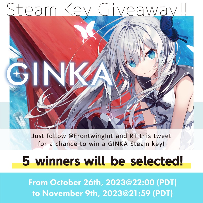 FrontwingInt's tweet photo. 🌊 "GINKA" Steam Release Campaign 🦋

To celebrate the release of "GINKA", we're giving away 5 Steam keys!  Just follow@FrontwingInt and RT this tweet to enter!  

⬇️ Steam Store Page ⬇️
https://t.co/zZ6LoSf3VM

#GINKA