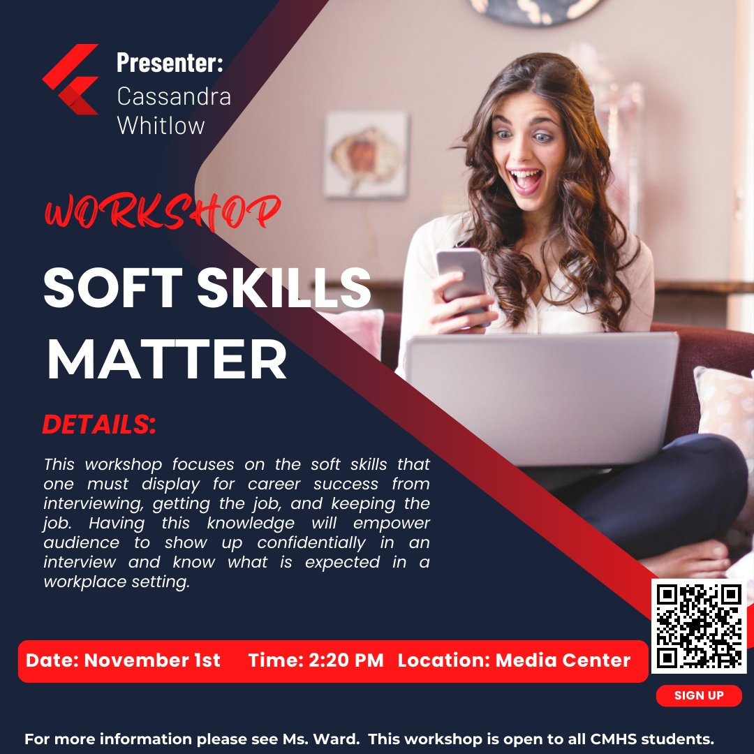 Join us on November 1st for our Soft Skills Matter Workshop in the Media Center from 2:20 - 3:20 pm. Please complete the registration form. (This workshop is open to all CMHS students).
forms.gle/pgmRu9KiL8CKXY…