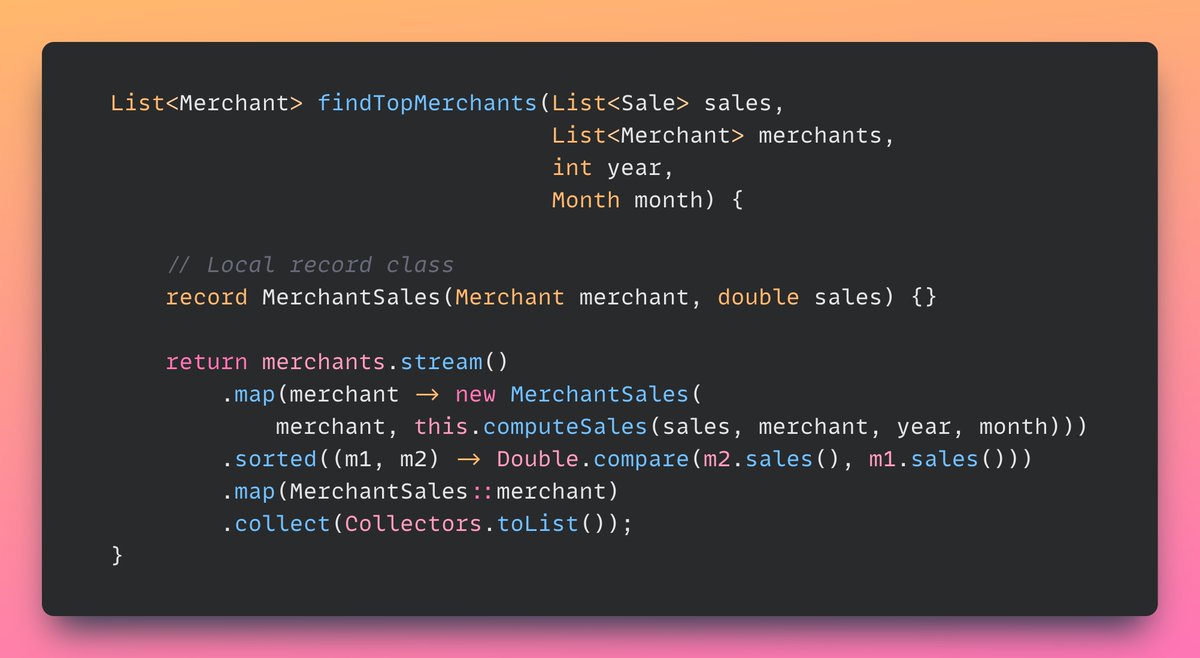 'Like nested record classes, local record classes are implicitly static, which means that their own methods can't access any variables of the enclosing method, unlike local classes, which are never static.' docs.oracle.com/en/java/javase…