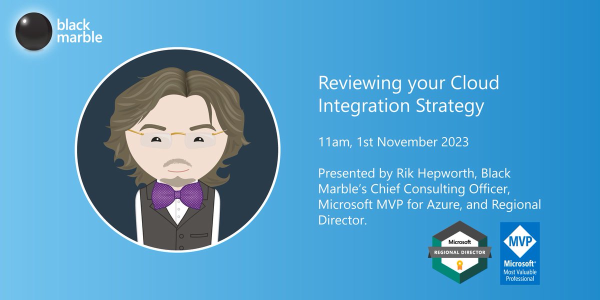 BlackMarble's tweet photo. Join @RikHepworth on #CloudIntegration Strategy. A timely webinar as on-premises integrations solutions reach end of life.
https://t.co/TvFIAAdwzF
BizTalk #BMEvents #Azure #Transformational #Integration #AIS #IntegrationStrategy #MVPBuzz https://t.co/b3Nq5r8FrV