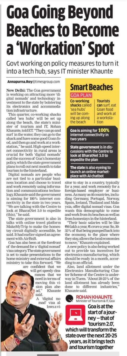 Goa is at start of a journey - that of 'Tourism 2.0', which will transform State over next 20-25 years, as it brings tech & tourism together, says @RohanKhaunte,Tourism & IT Minister in Goa Govt. Goa BJP must promote temple tourism also whose Potential is not Yet fully explored.