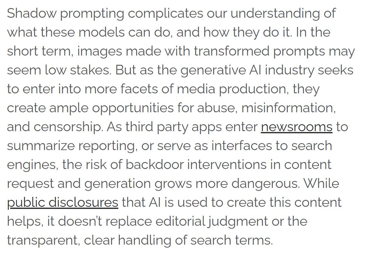 Fantastic article on the ethical implications of prompt engineering and shadow prompting by AI companies making large language models. 👏@e_salvaggio from @siegelendowment, published in @techpolicypress techpolicy.press/shining-a-ligh…