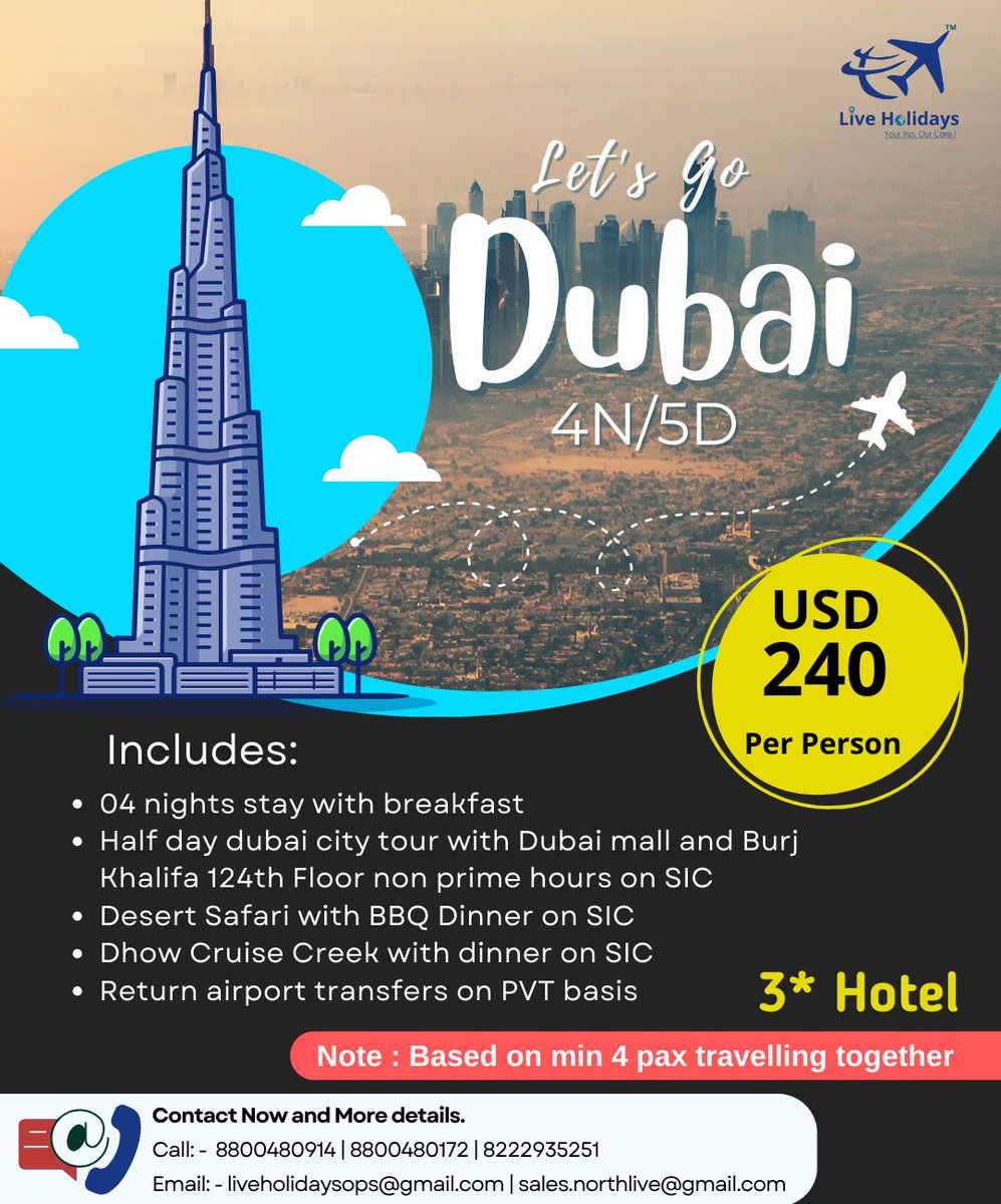 Experience the magic of Dubai with Live Holidays! #DubaiAdventures #LiveHolidays #TravelDubai #ExploreUAE #DesertSafaris #LuxuryGetaway #CityofGold #BurjKhalifaViews #CulturalExploration #SunnyEscapes #ShopTillYouDrop #DubaiNights #FoodieParadise #BeachBliss #ArchitecturalWonders