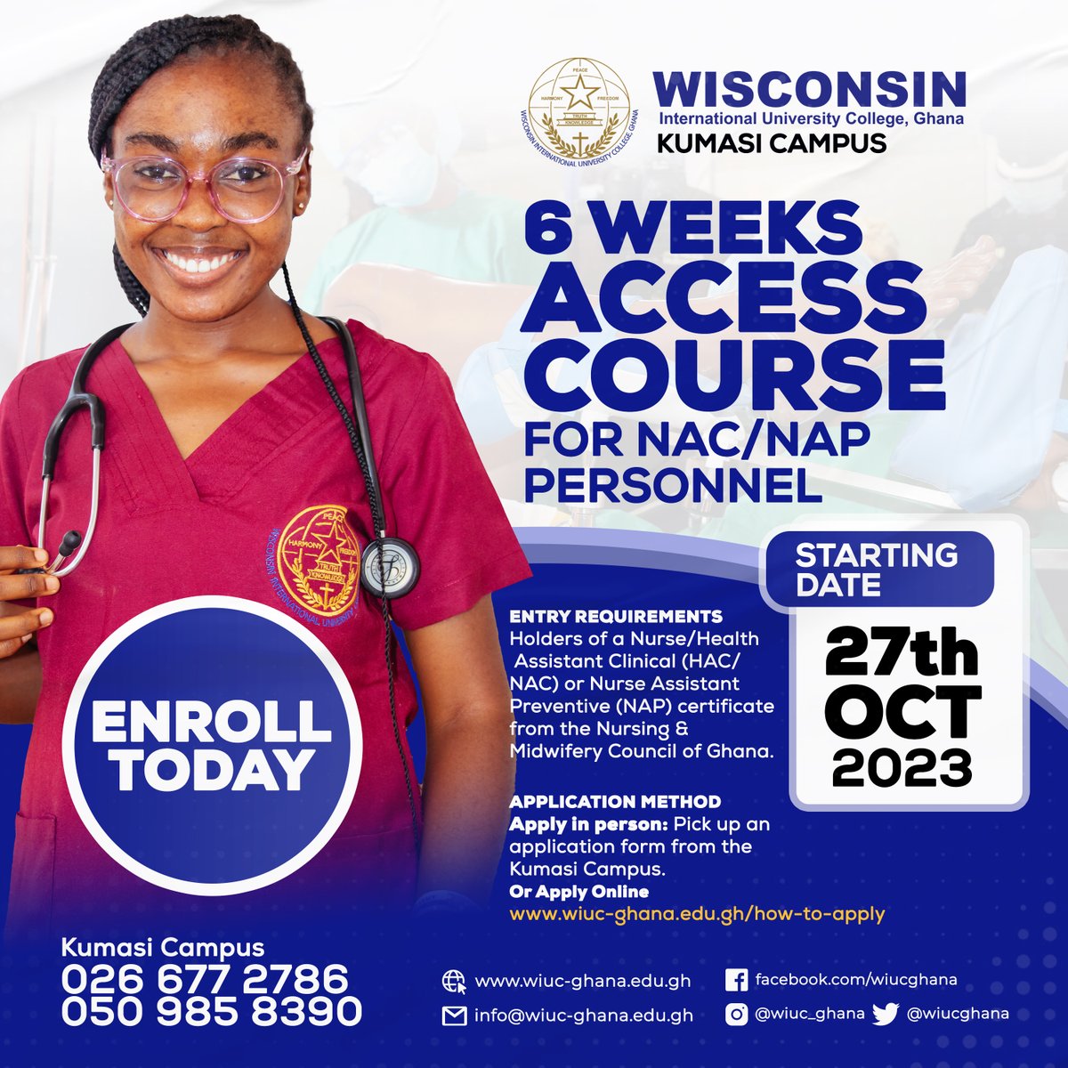 ACCESS COURSE - KUMASI CAMPUS Apply today to our 6-week Access Programme to enroll in our BSc Nursing, Midwifery, or Public Health Nursing come Jan/Feb 2024. Start Date: 27th October wiuc-ghana.edu.gh/how-to-apply #wisconsin #wiucghana #nursing #midwifery #publichealth #access