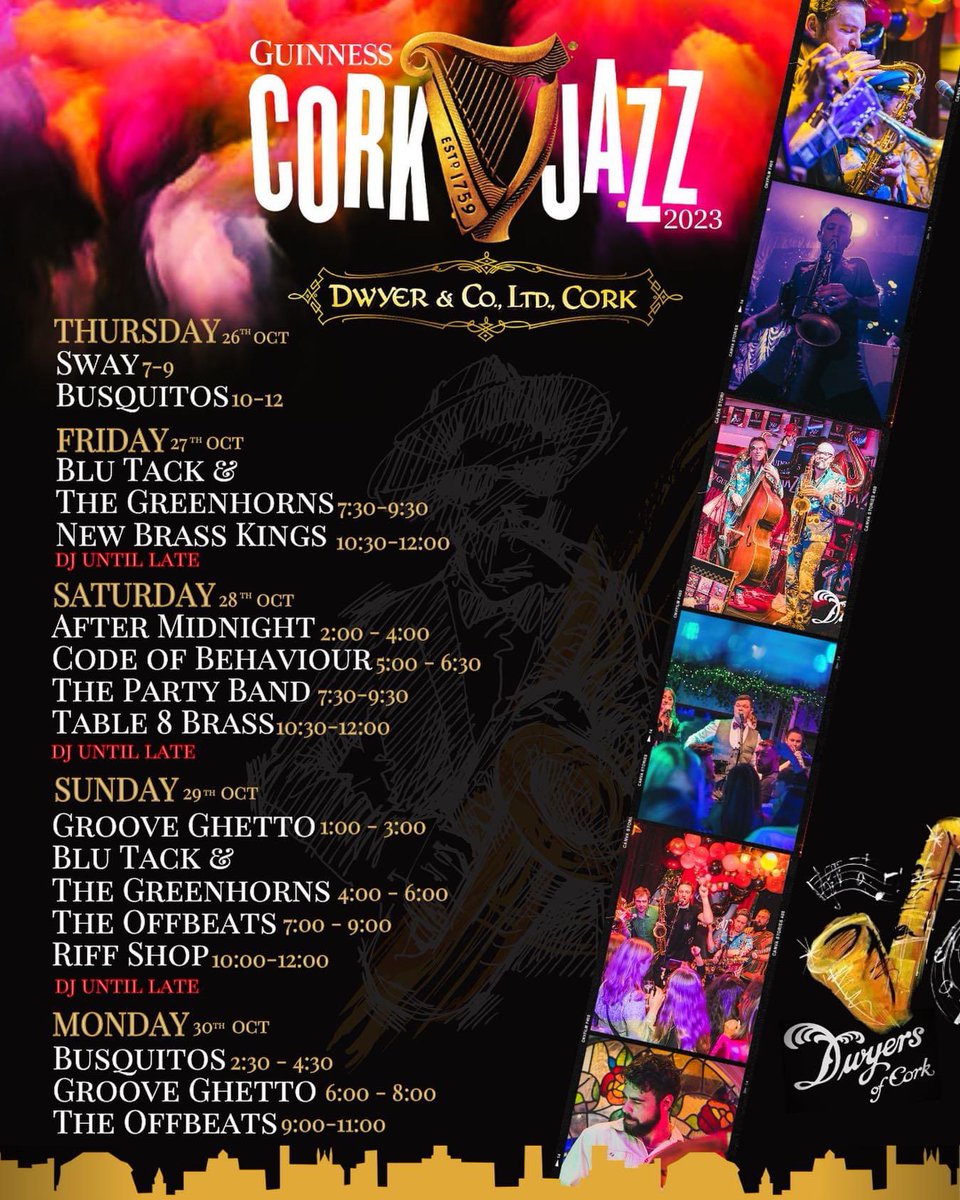 Kicking off <a href="/corkjazzfest/">Guinness Cork Jazz</a> tomorrow right through to Monday night, it’s going to be a big one 🎺🎷🎉
#purecork #corkpubs
